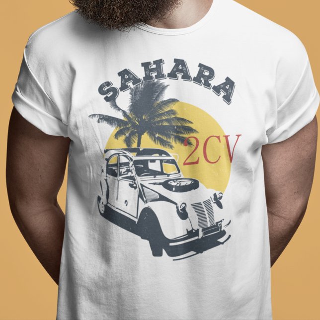 T-shirt Oldtimer 2cv Ente Sahara (2CV Sahara Clock in White with a Dark Grey Yellow and Red Nature Illustration)
