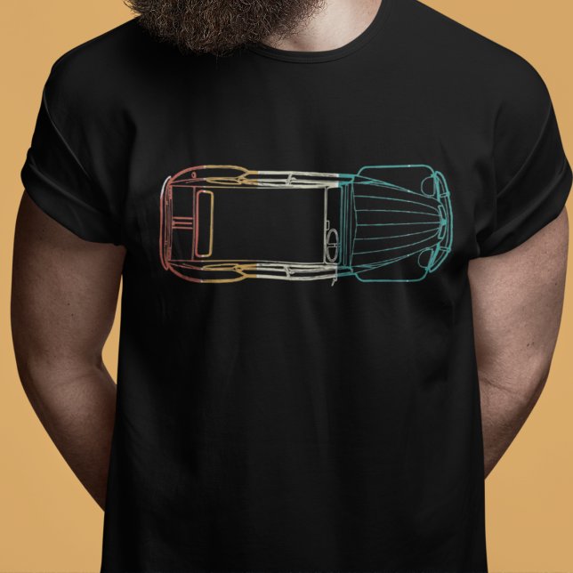 T-shirt Oldtimer 2cv Regenbogen Linienzeichnung (2CV Blueprint T-Shirt in Black with Red Yellow White and Green Colors)
