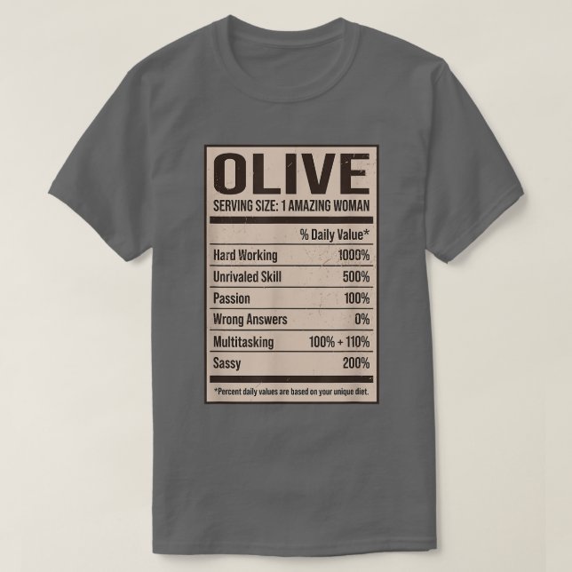 T-shirt Olive Nutrition Facts Nom Pseudo Alias Titre Fr (Design devant)