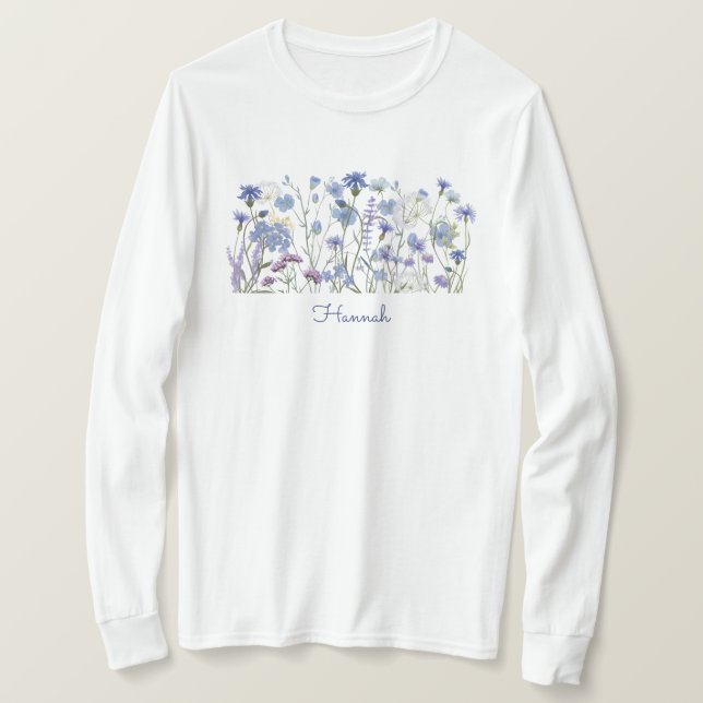 T-shirt Ombre de Fleur sauvage d'aquarelle bleu monogramme (Design devant)