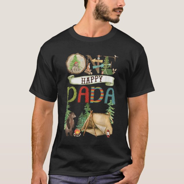 T-shirt One Happy Dada Camper First Birthday Camng Bear  (Devant)