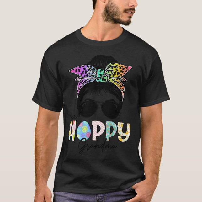 T-shirt One Hoppy Grandma Leopard Messy Bun Easter Day (Devant)