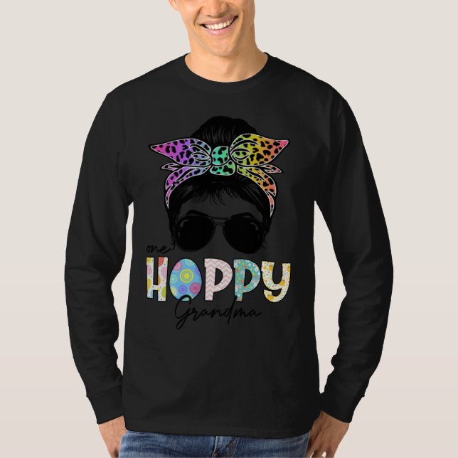 T-shirt One Hoppy Grandma Leopard Messy Bun Easter Day (Devant)