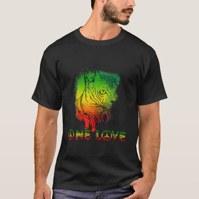 T-shirt One Love Rastafari Chat Rasta Reggae Kitten Headph (Devant)