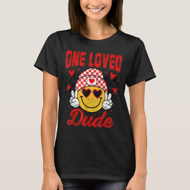 T-shirt One Loved Dude Checkered Heart Valentines Day Boys (Devant)