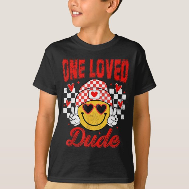 T-shirt One Loved Dude Checkered Heart Valentines Day Boys (Devant)