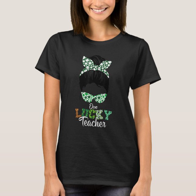 T-shirt One Lucky Teacher St. Patrick's Day Messy Bun Leop (Devant)