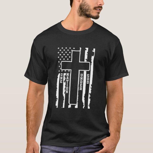 T-shirt One Nation Under God Cross & American Flag (Devant)