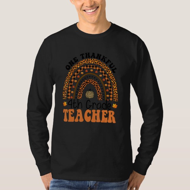 T-shirt One Thankful 4th Grade Teacher Rainbow Leopard Ret (Devant)