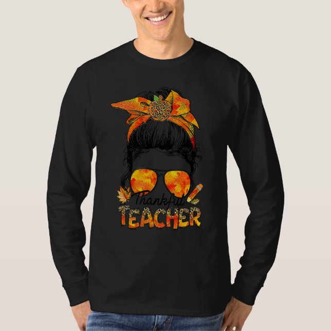 T-shirt One Thankful Teacher Leopard Messy Bun Thanksgivin (Devant)