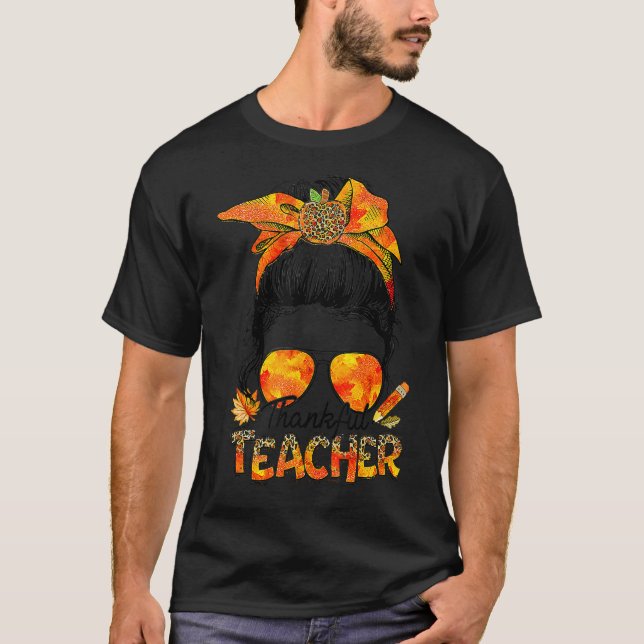 T-shirt One Thankful Teacher Leopard Messy Bun Thanksgivin (Devant)