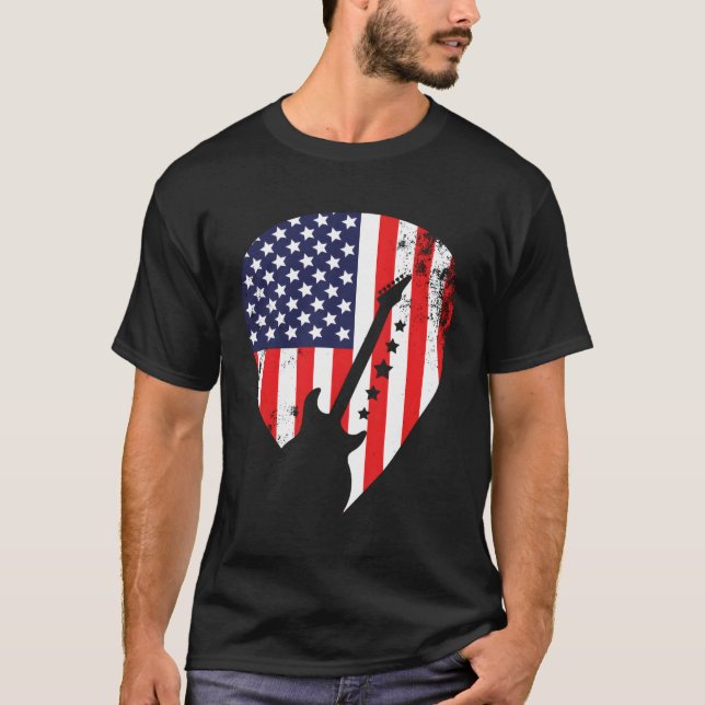 T-shirt Onglet de guitare de rouleau Us Flag Rock'N pour (Devant)