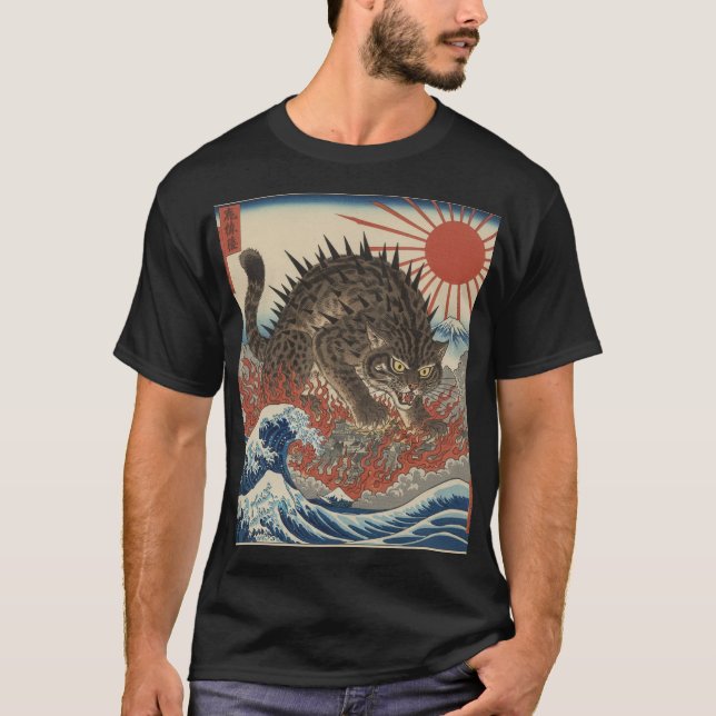 T-shirt Oni Chat Surging Waves Ukiyo-e Lever du Soleil (Devant)