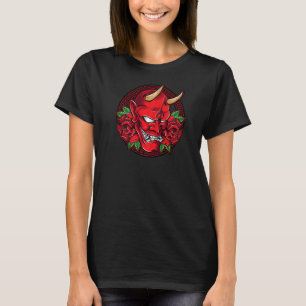 T-shirt Oni Demon Mask Horned Devil Head With Ros