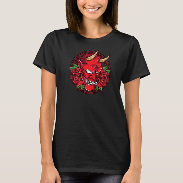 T-shirt Oni Demon Mask Horned Devil Head With Ros (Devant)