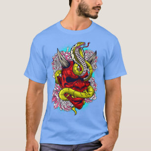 T-shirt Oni Japanese Demon Red Devil Mask & Cobra Art Prem