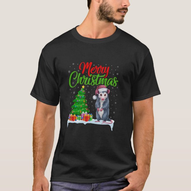 T-shirt Opossum Feux d'arbre de Noël Funky Noël Opossum L (Devant)