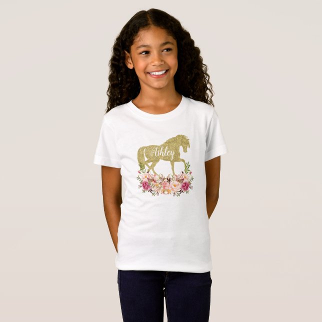 T-Shirt Or de Faux de filles et chemise florale de cheval (Devant entier)