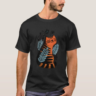 T-shirt Orange and Black Striped Cat with Floral Design