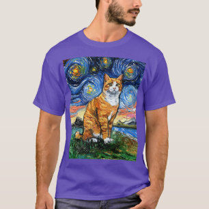 T-shirt Orange and White Tabby Tiger Cat Starry Night Art 