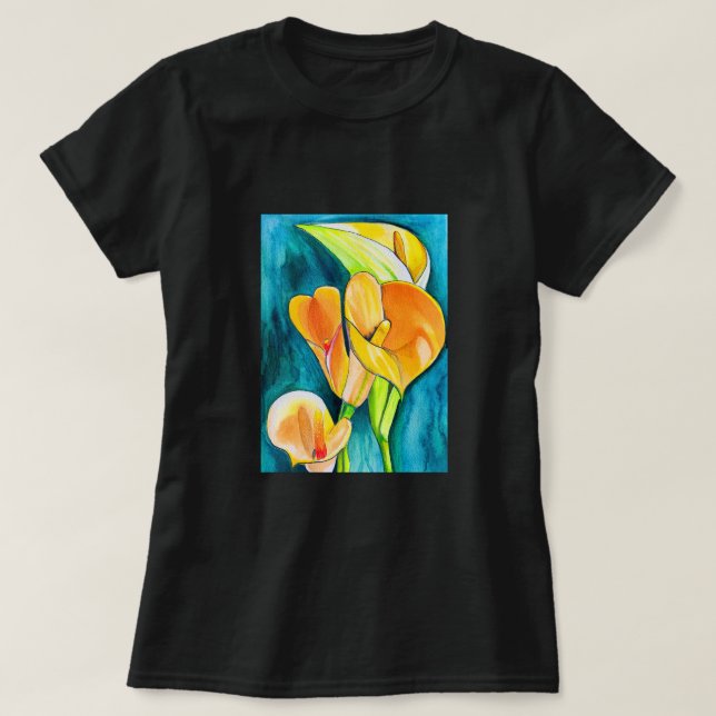 T-shirt Orange Calla fleurs de laine aquarelle art (Design devant)