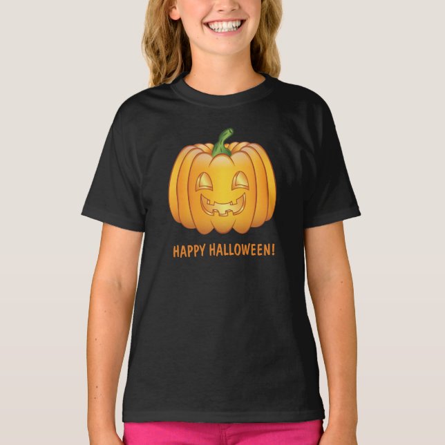T-shirt Orange Cartoon Citrouille Et Happy Halloween Texte (Devant)