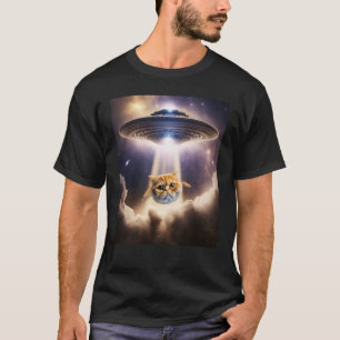 T-shirt Orange Chat UFO Espace Alien Cute Kitten Beam Up