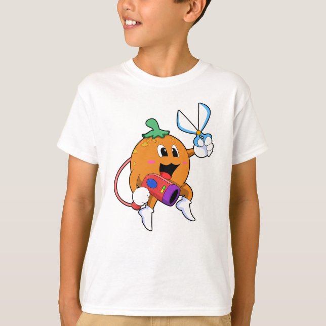 T-shirt Orange comme Coiffeur avec ciseaux et sèche-cheveu (Devant)
