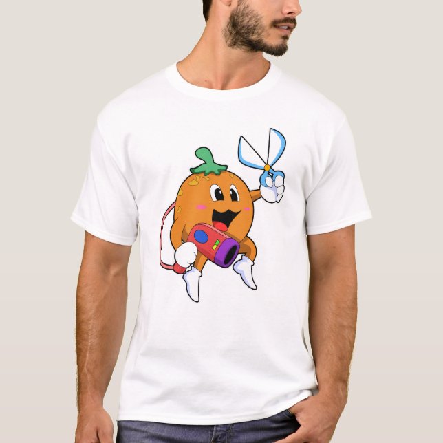 T-shirt Orange comme Coiffeur avec ciseaux et sèche-cheveu (Devant)