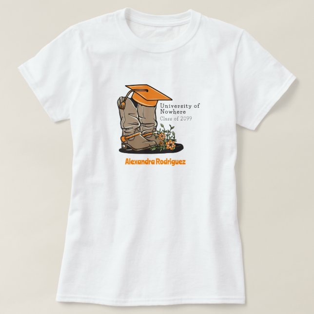 T-shirt Orange Cowboy Boot Graduation Cap & Fleurs (Design devant)