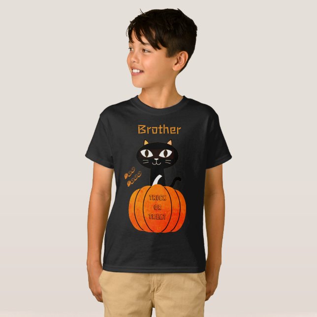 T-shirt Orange et Noir Cute Cat Boy Famille Halloween (Devant entier)