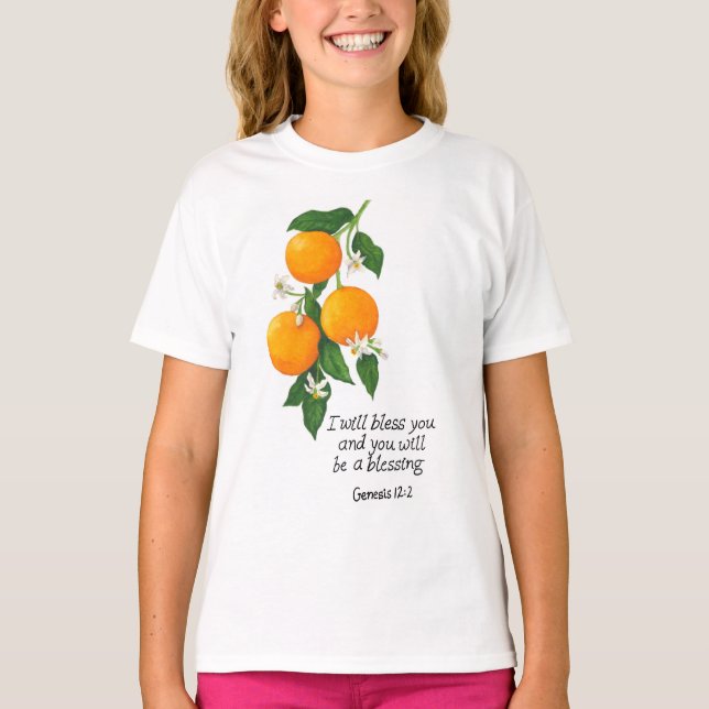 T-shirt Orange Fruit Genèse 12:2 (Devant)
