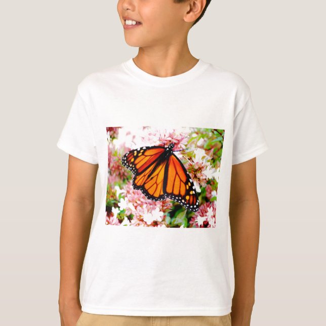 T-shirt Orange Monarch on rose flowers (Devant)
