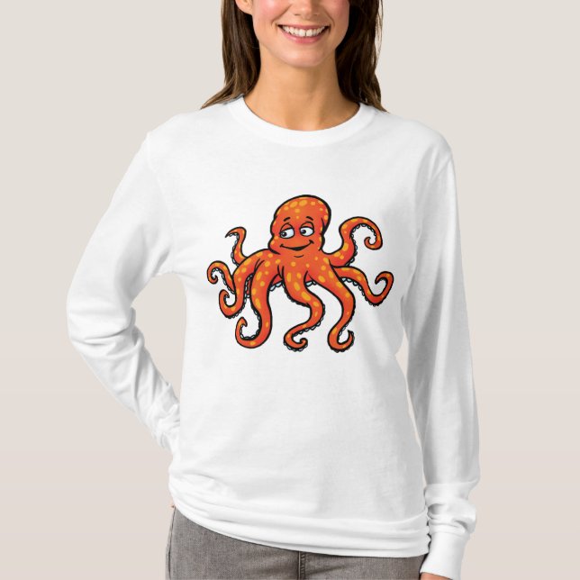 T-shirt Orange Octopus Cartoon Ocean Sea Creature (Devant)
