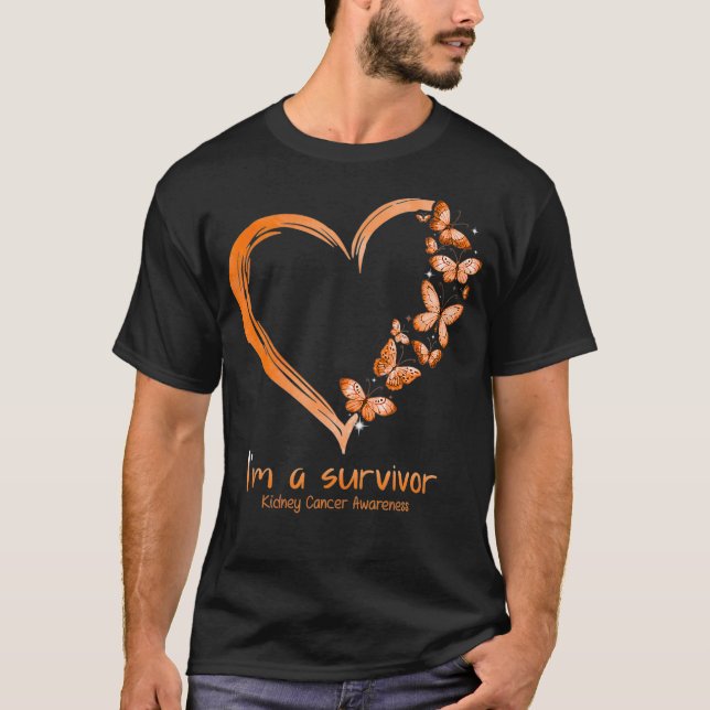 T-shirt Orange Papillon Coeur Je Suis Un Survivant Cancer  (Devant)
