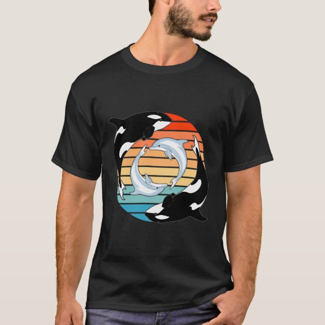 T-shirt Orca Baleines Et Dauphins Retro Coucher De Soleil (Devant)