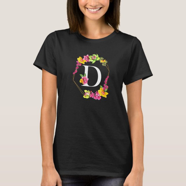 T-shirt Orchidées rose jaune vert Monogramme floral initia (Devant)