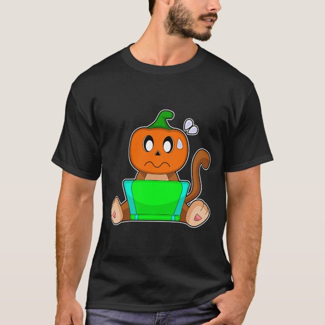 T-shirt Ordinateur portable Citrouille Monkey Halloween (Devant)