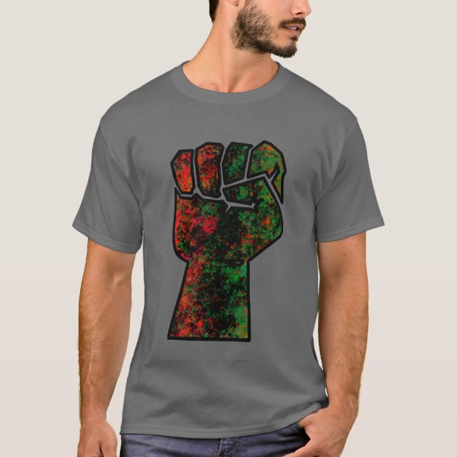 T-shirt orgueil noir poing vert rouge pan drapeau africain (Devant)