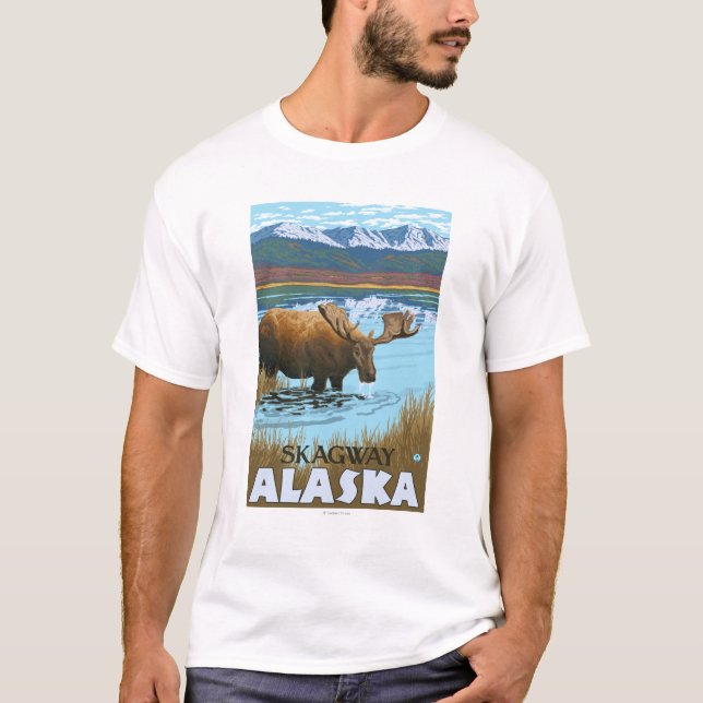 T-shirt Orignaux buvant au lac - Skagway, Alaska (Devant)