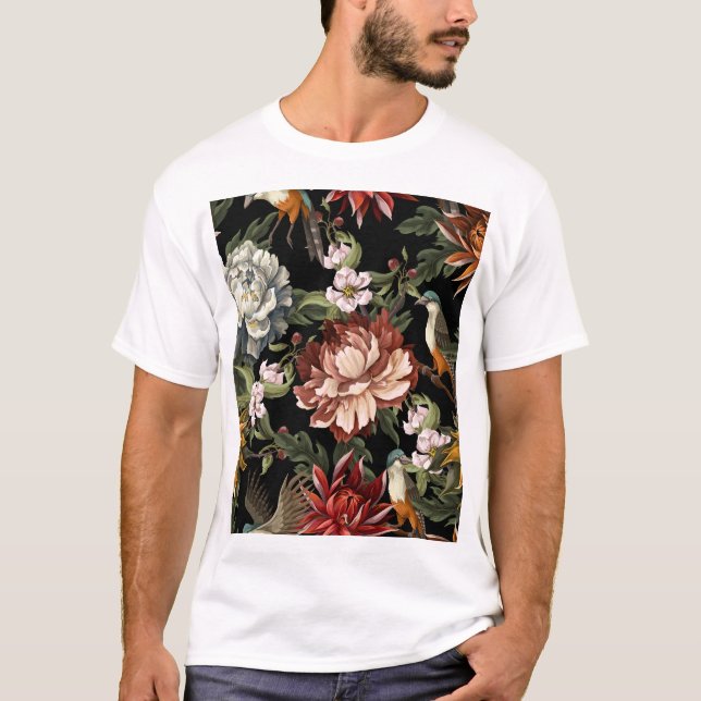 T-shirt Ornat Vintages, Roses, Oiseaux. (Devant)