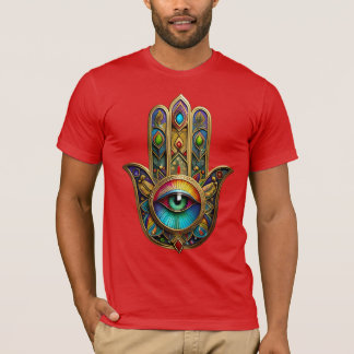 T-shirt Ornate Gold Colorful Hamsa Green on Red Third Eye