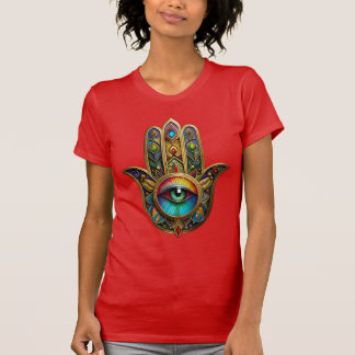 T-shirt Ornate Gold Colorful Hamsa Green on Red Third Eye