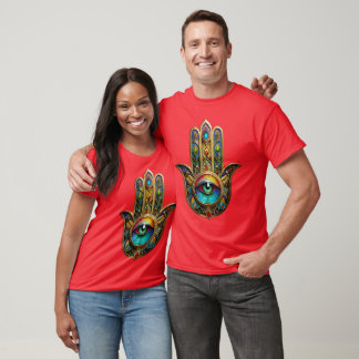 T-shirt Ornate Gold Colorful Hamsa Green on Red Third Eye
