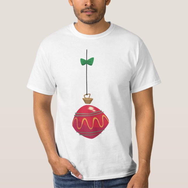 T-shirt Ornement de Noël Rouge Rétro avec un Ruban Vert (Devant)