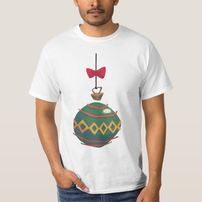 T-shirt Ornement de Noël vert rétro avec nœud rouge (Devant)