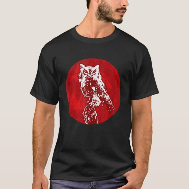 T-shirt Ornithologie des animaux noires Chouette Lune roug (Devant)
