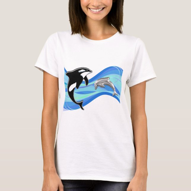 T-shirt Orque et dauphin dans les vagues (Devant)