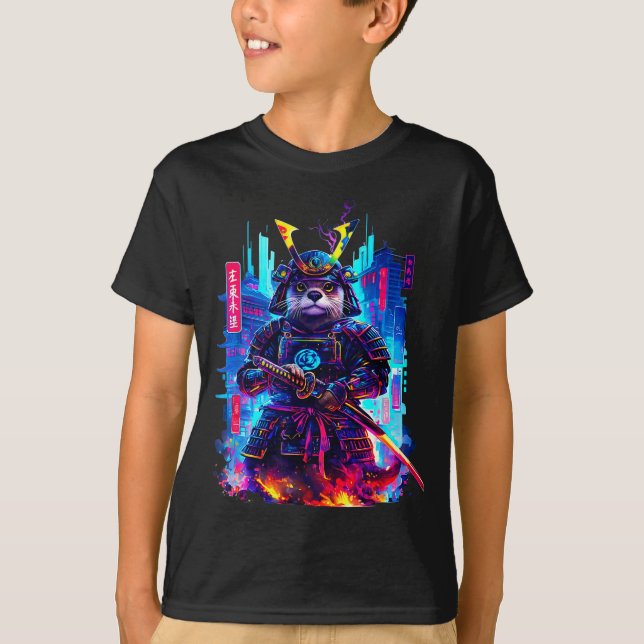 T-shirt Otter Katana Cyberpunk Neon Samurai Japanese Art  (Devant)