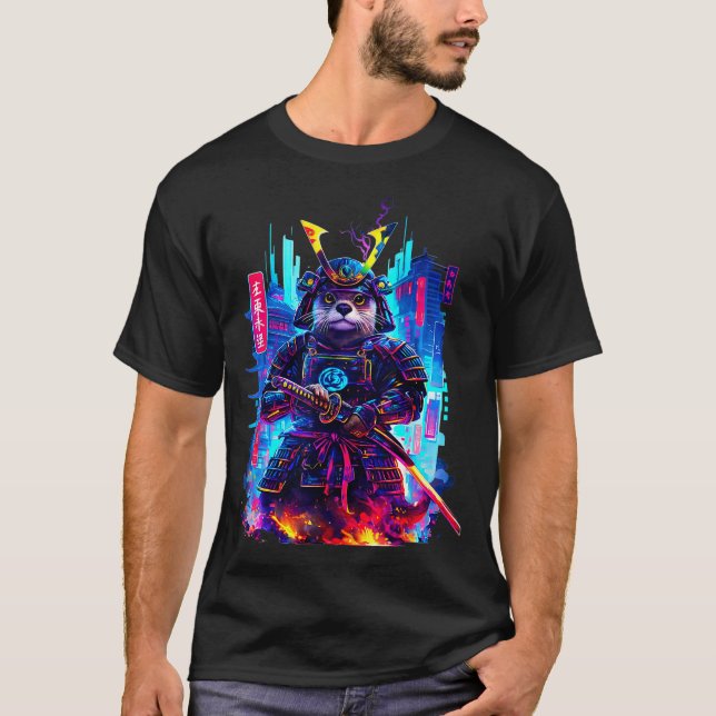 T-shirt Otter Katana Cyberpunk Neon Samurai Japanese Art  (Devant)